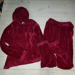 Women's Cozy Wine Burgundy Chenille Pajama Lounge Set Hoodie Joggers.